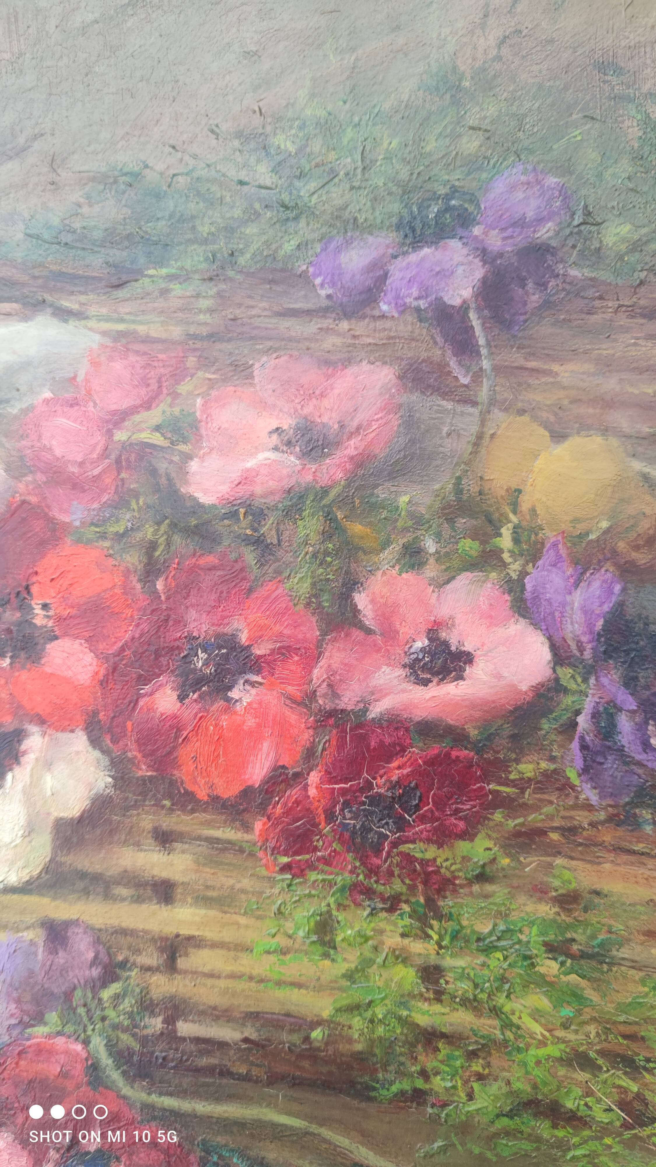 Still life painting, bouquet of flowers, oil on wood by Lillie Honnorat