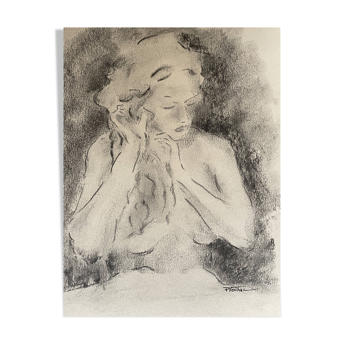 Charcoal painting signed portrait of woman combing her hair