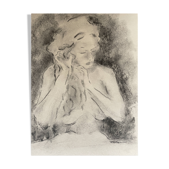 Charcoal painting signed portrait of woman combing her hair