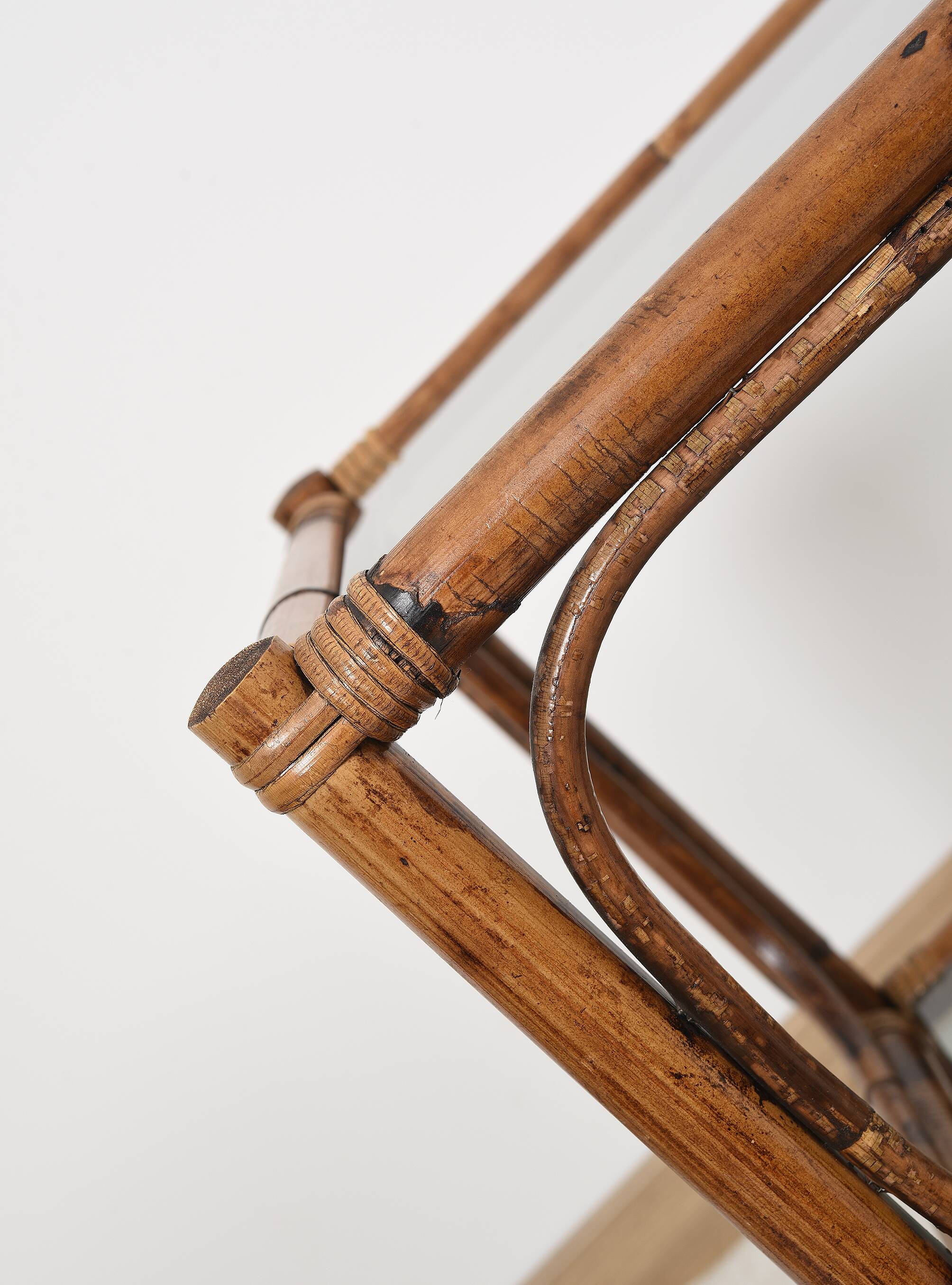 Bedside table or coffee table in bamboo and smoked glass, double top, 70s