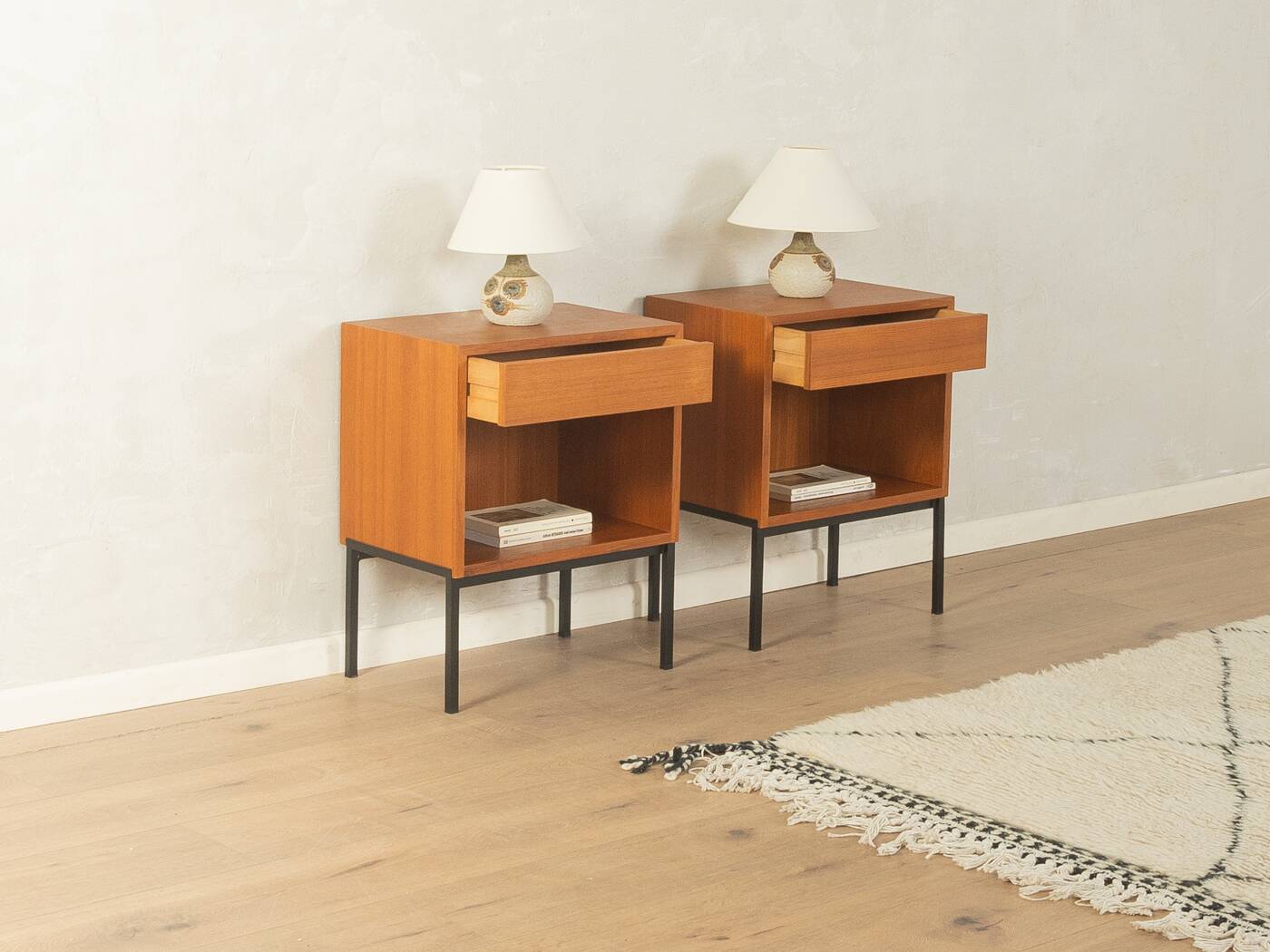 Minimalist bedside tables from the 1960s, teak veneer, set of 2