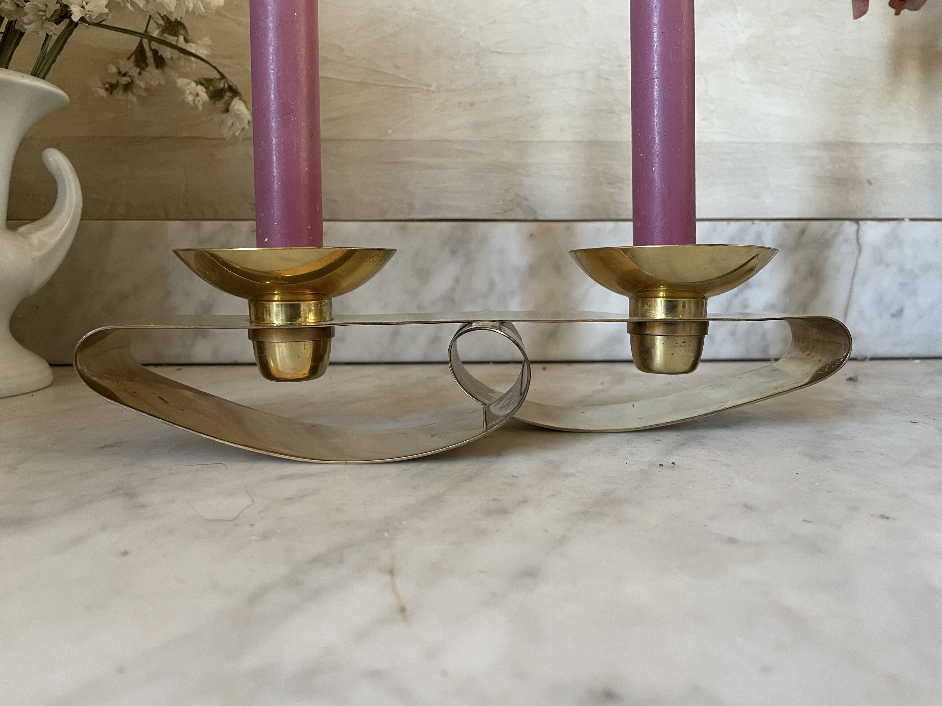 Vintage double Scandinavian candlestick in brass