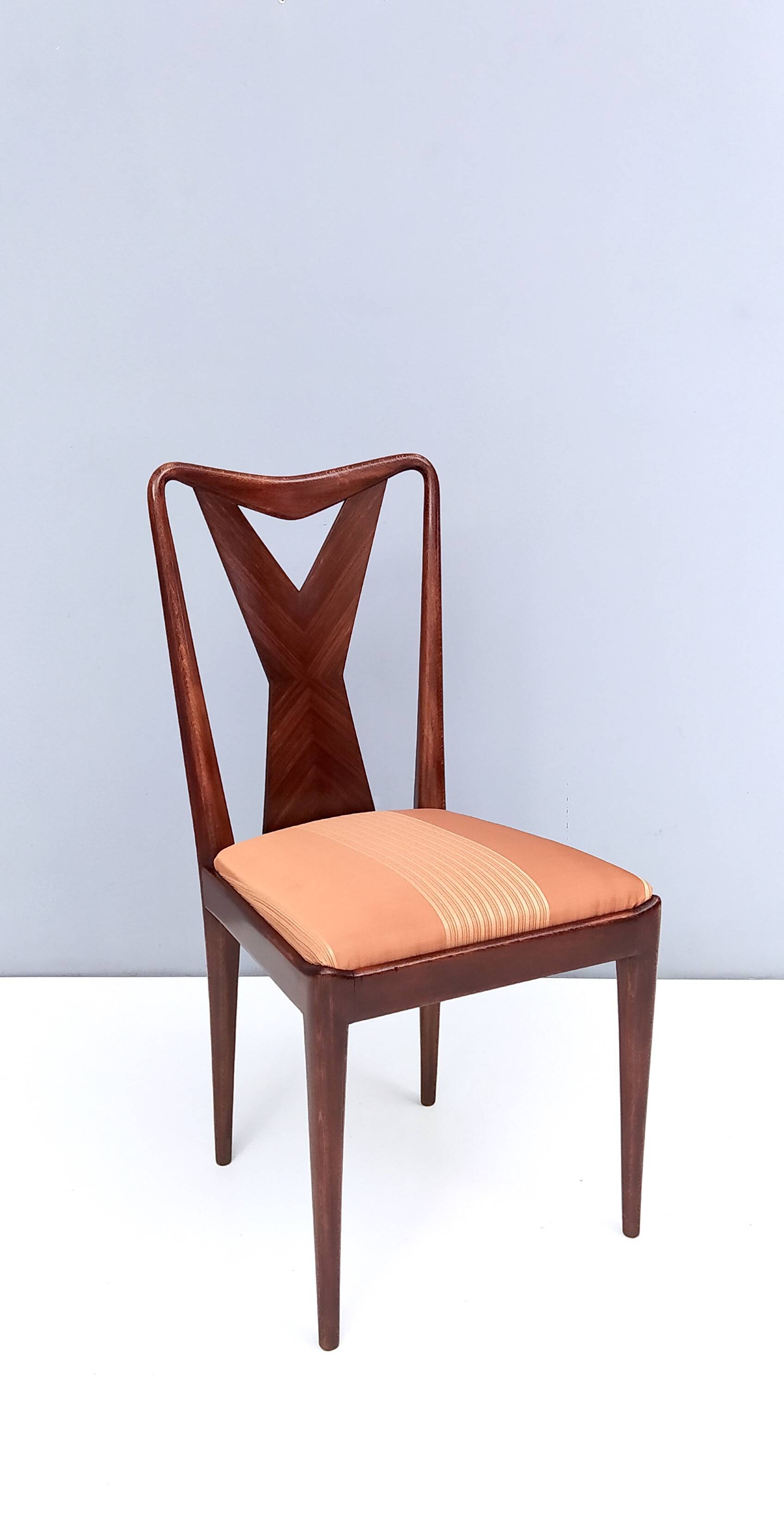 Set of Six Walnut Dining Chairs with Orange Fabric in the Style of Parisi