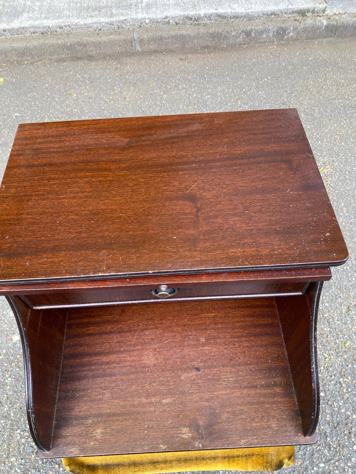 Mahogany bedside table in English style with stool.
