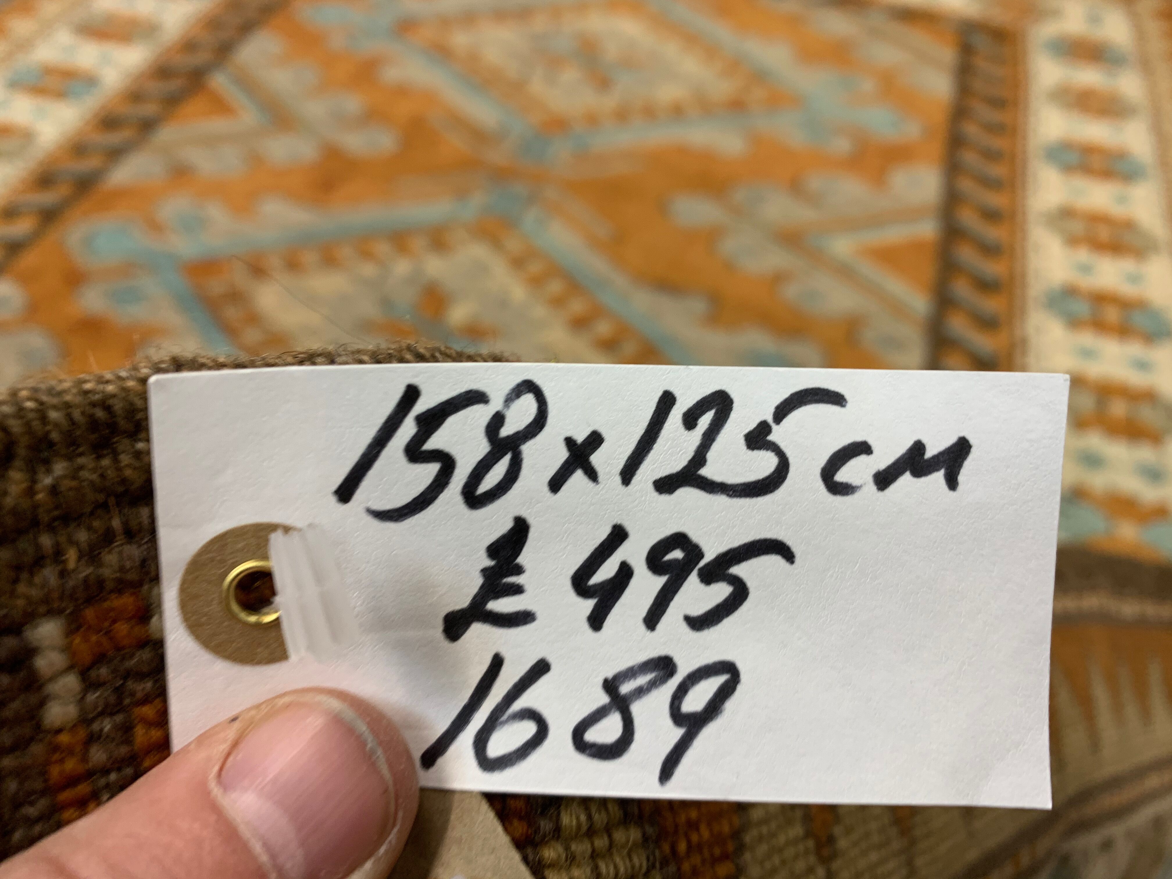 Old Turkish Rug 158x125 cm Vintage Oriental Rare Carpet Blue Brown Beige