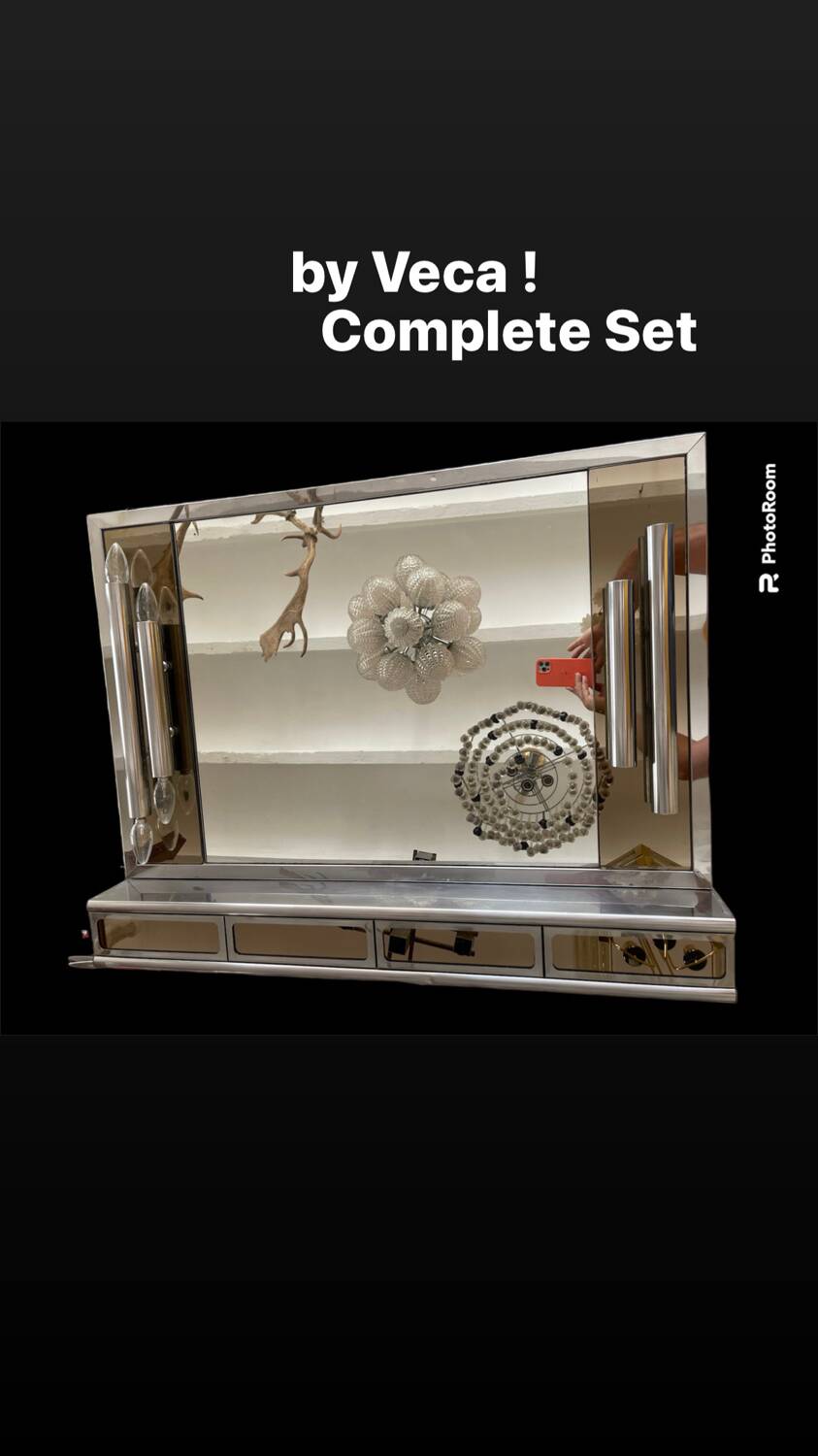 Veca glass chrome mirror and storage, spain 1970s