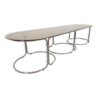 Large vintage modular oval dining table in smoked glass and chromed metal, Space Age style, 70s