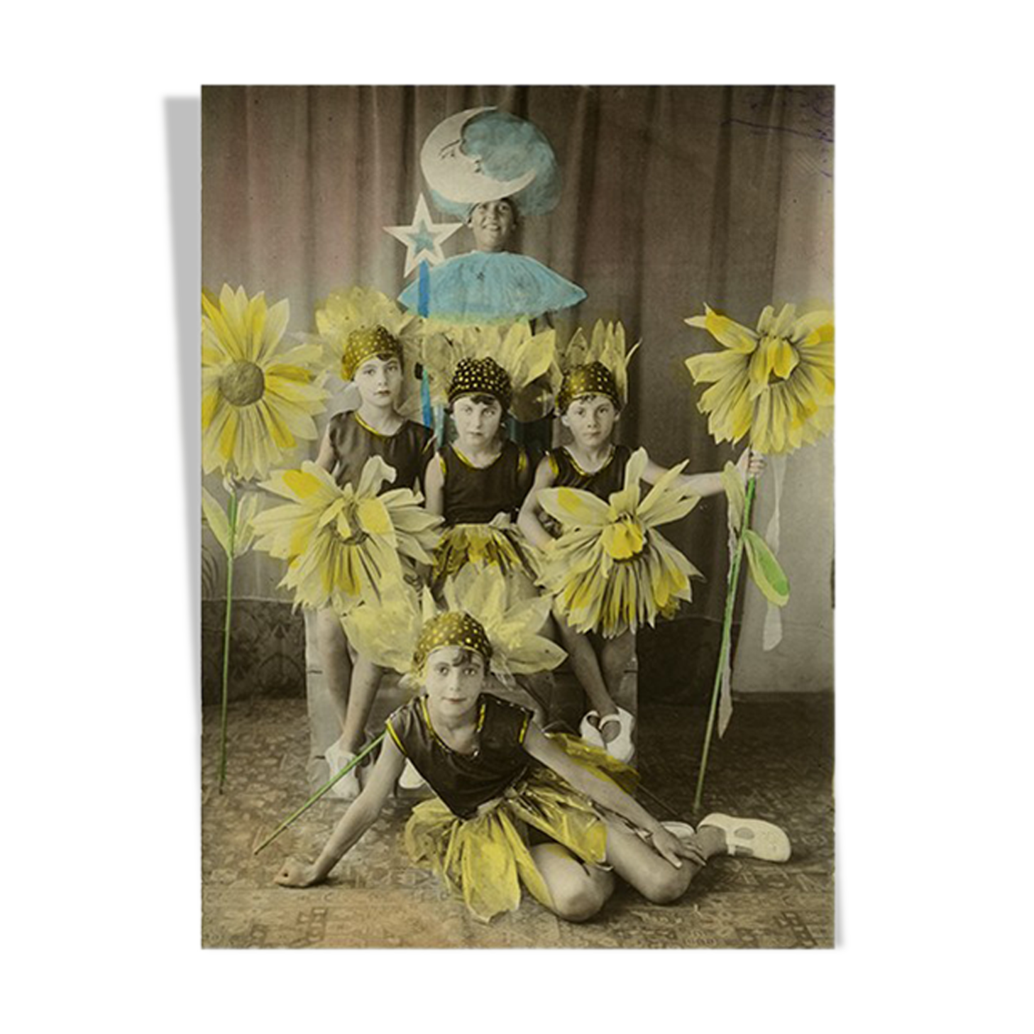 Photograph of five girls disguised as sunflowers