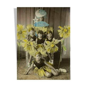 Photograph of five girls disguised as sunflowers