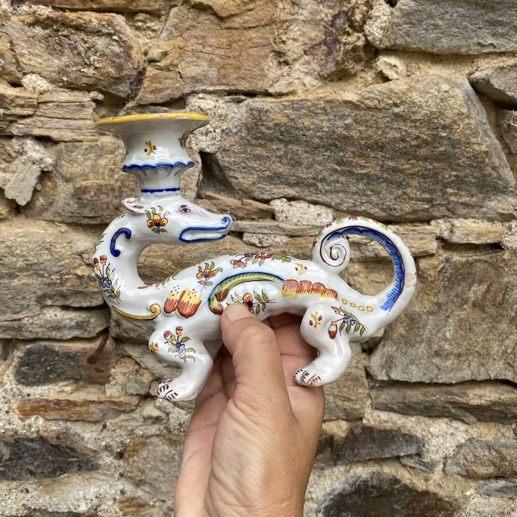 Pair of dragon candlesticks in Desvres earthenware, Rouen