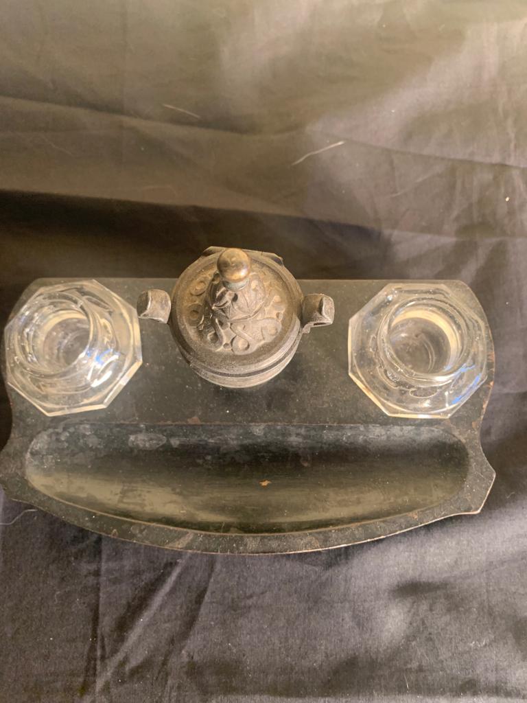 Bronze and wood inkwell