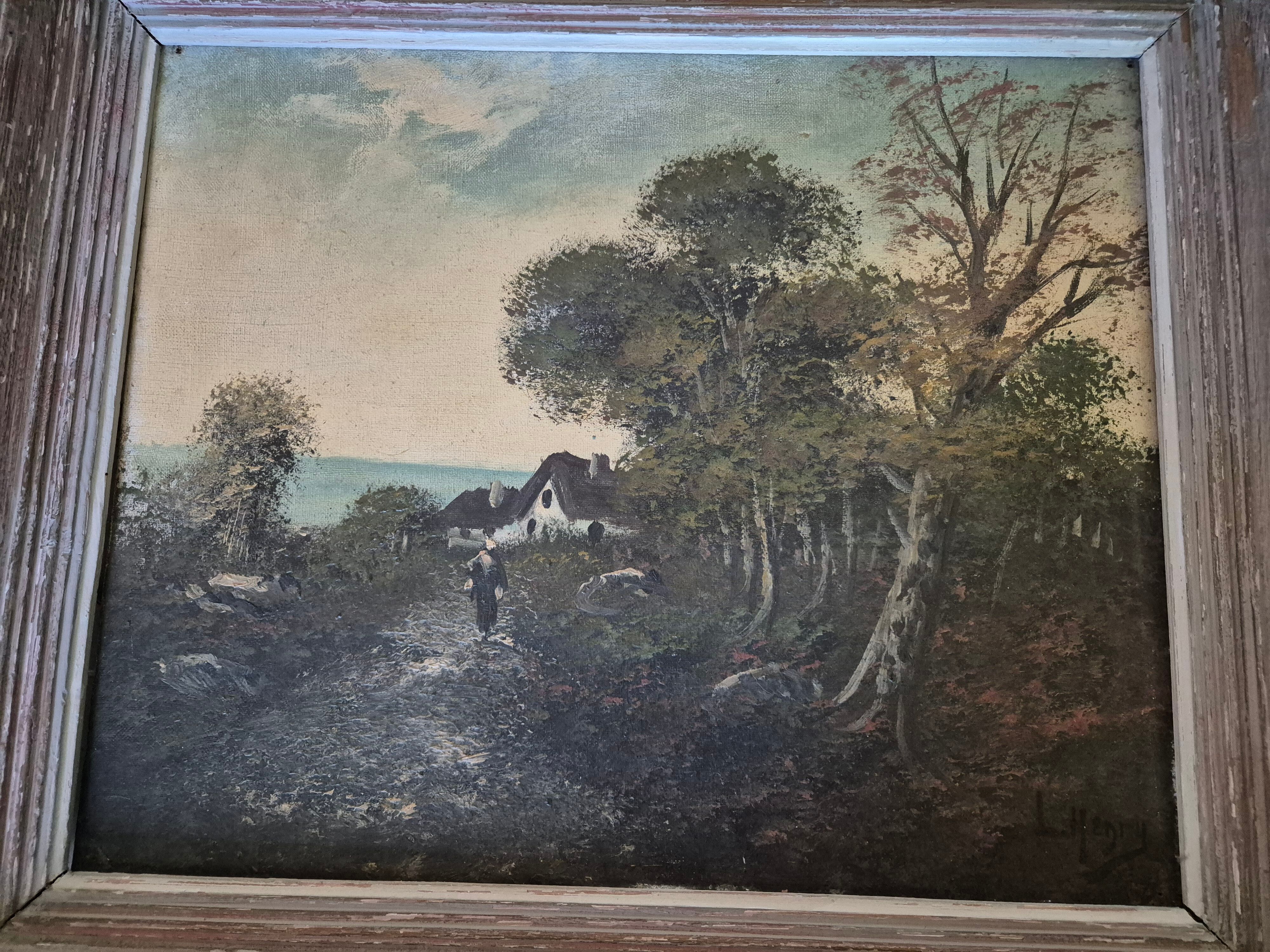 Painting depicting a landscape, forest by the sea.