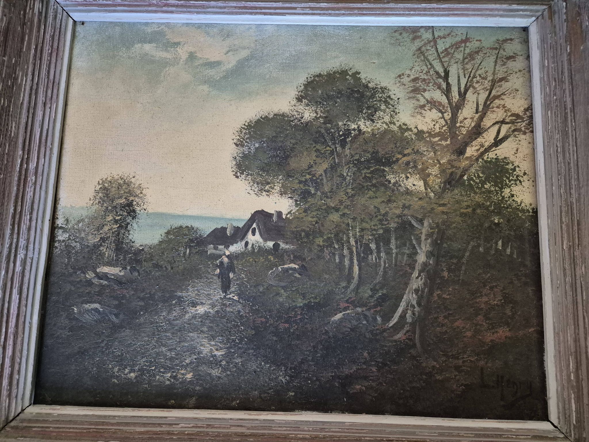 Painting depicting a landscape, forest by the sea.