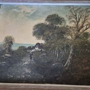 Painting depicting a landscape, forest by the sea.