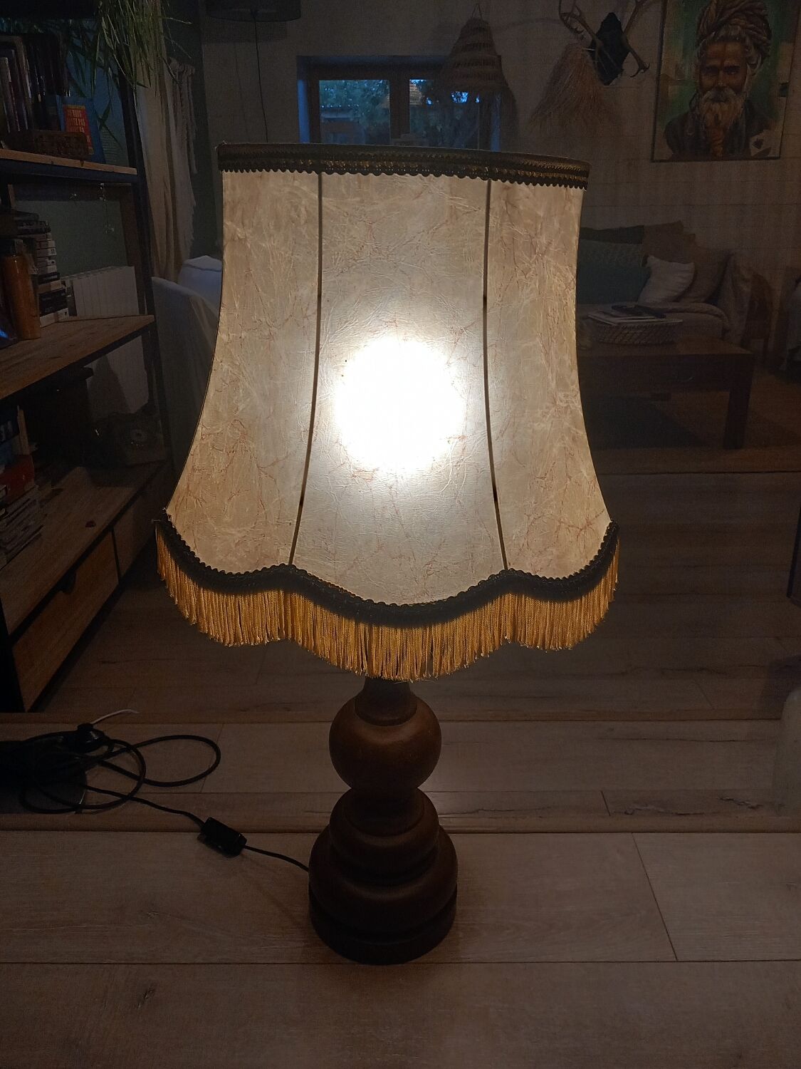 Vintage wooden lamp with fringed shade