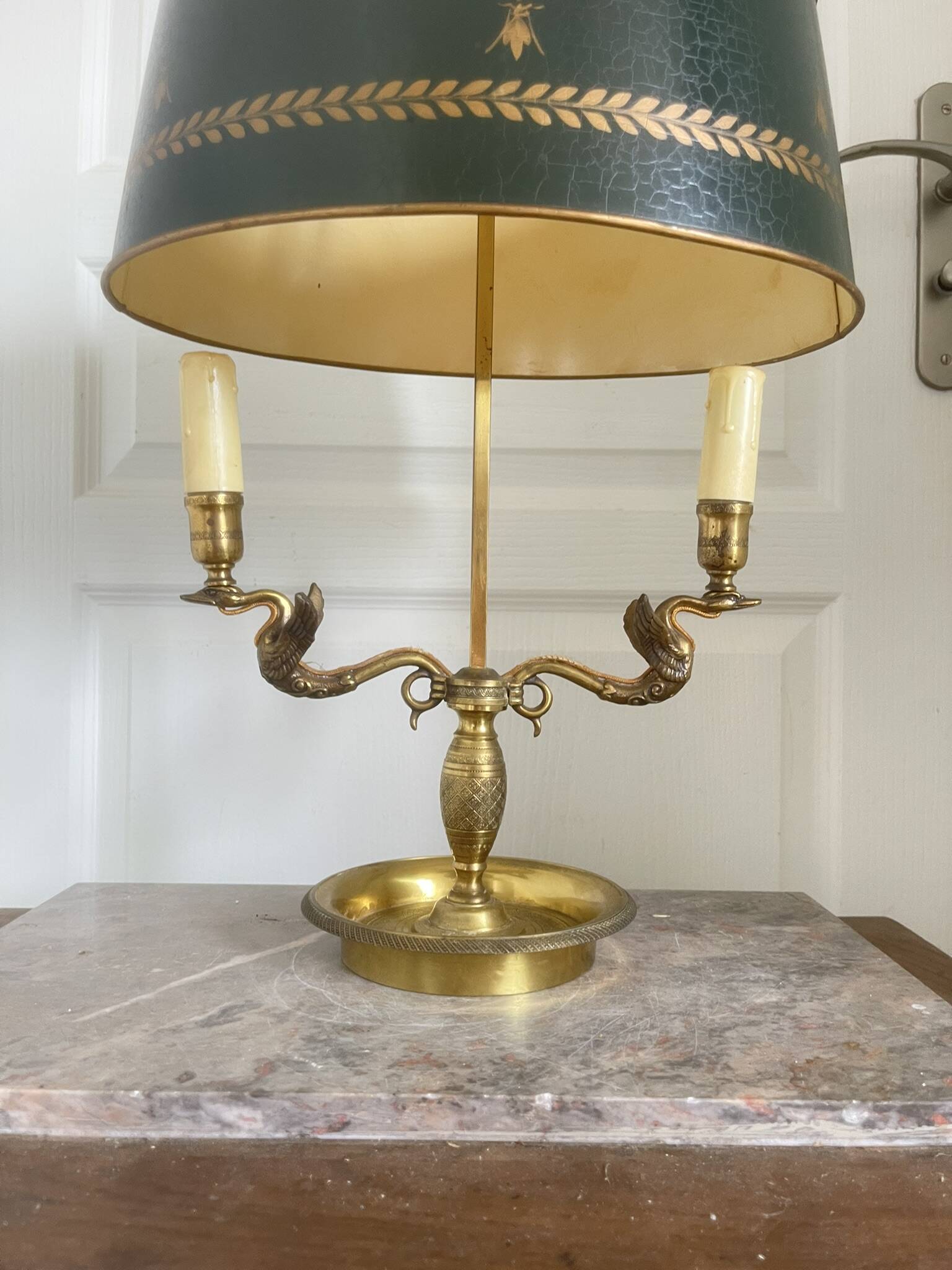Antique Bouillotte Lamp 2 Lights Swan Lucien Gau Gilded Bronze Empire Napoleon