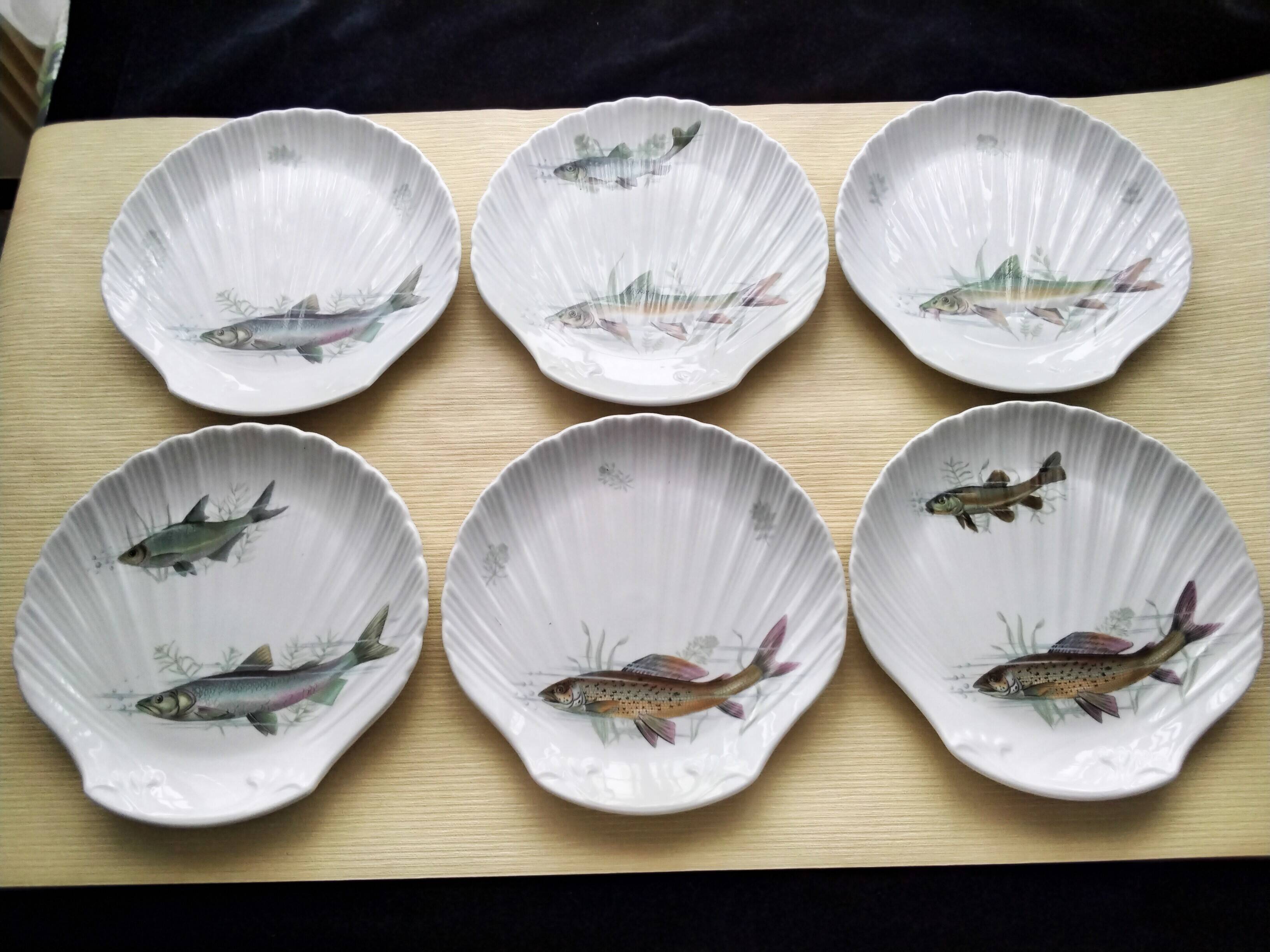 6 Assiettes à poisson en porcelaine de Sologne