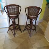 Set of 2 swivel bar stools / chairs - wood - cane - rattan - 80s