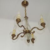 Mid-Century Bronze & Cut Glass 4-Light Chandelier with Fleur-de-Lys Detail