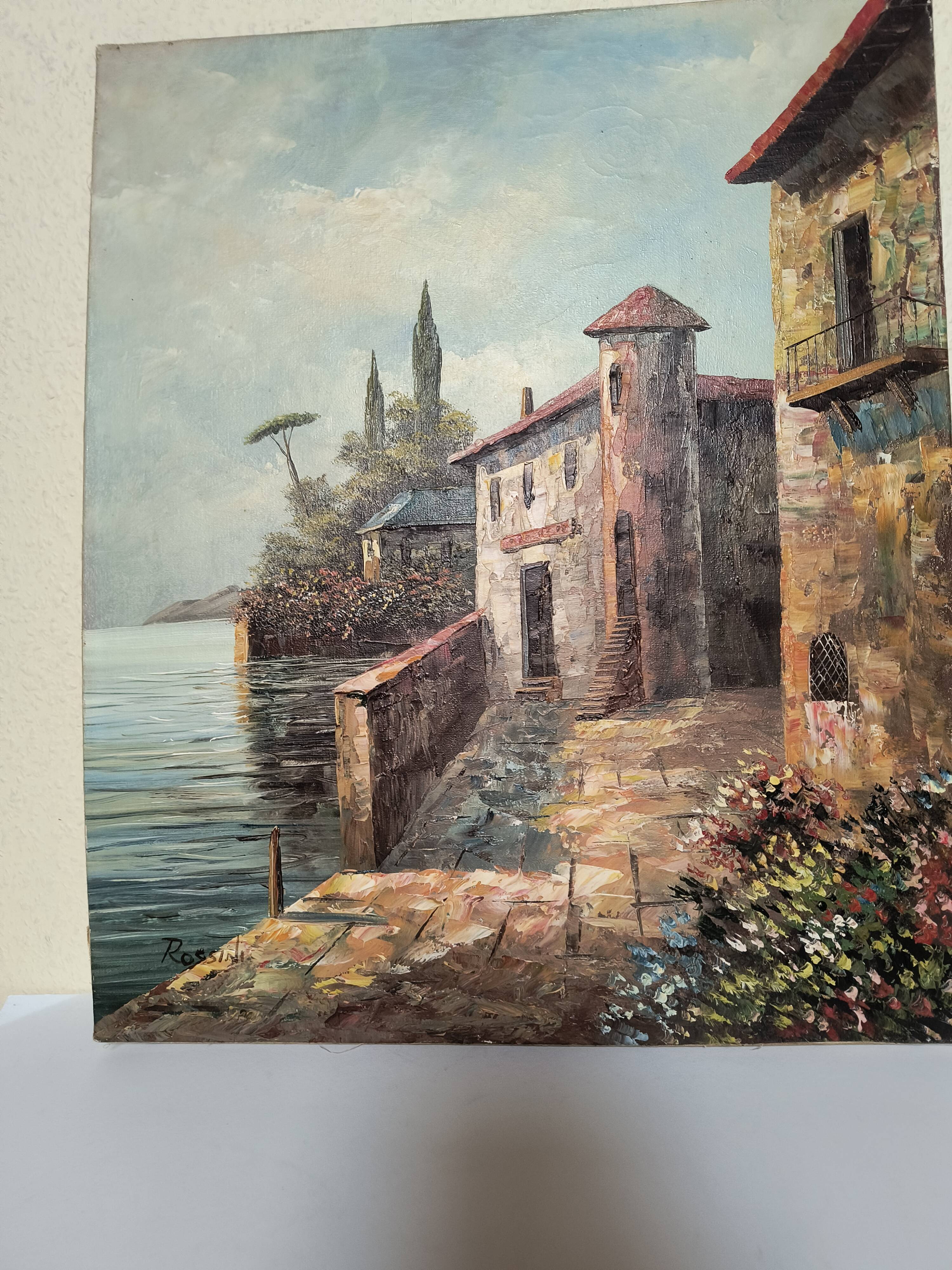 Vintage oil painting "Mediterranean Seaside" – Signed Rossini