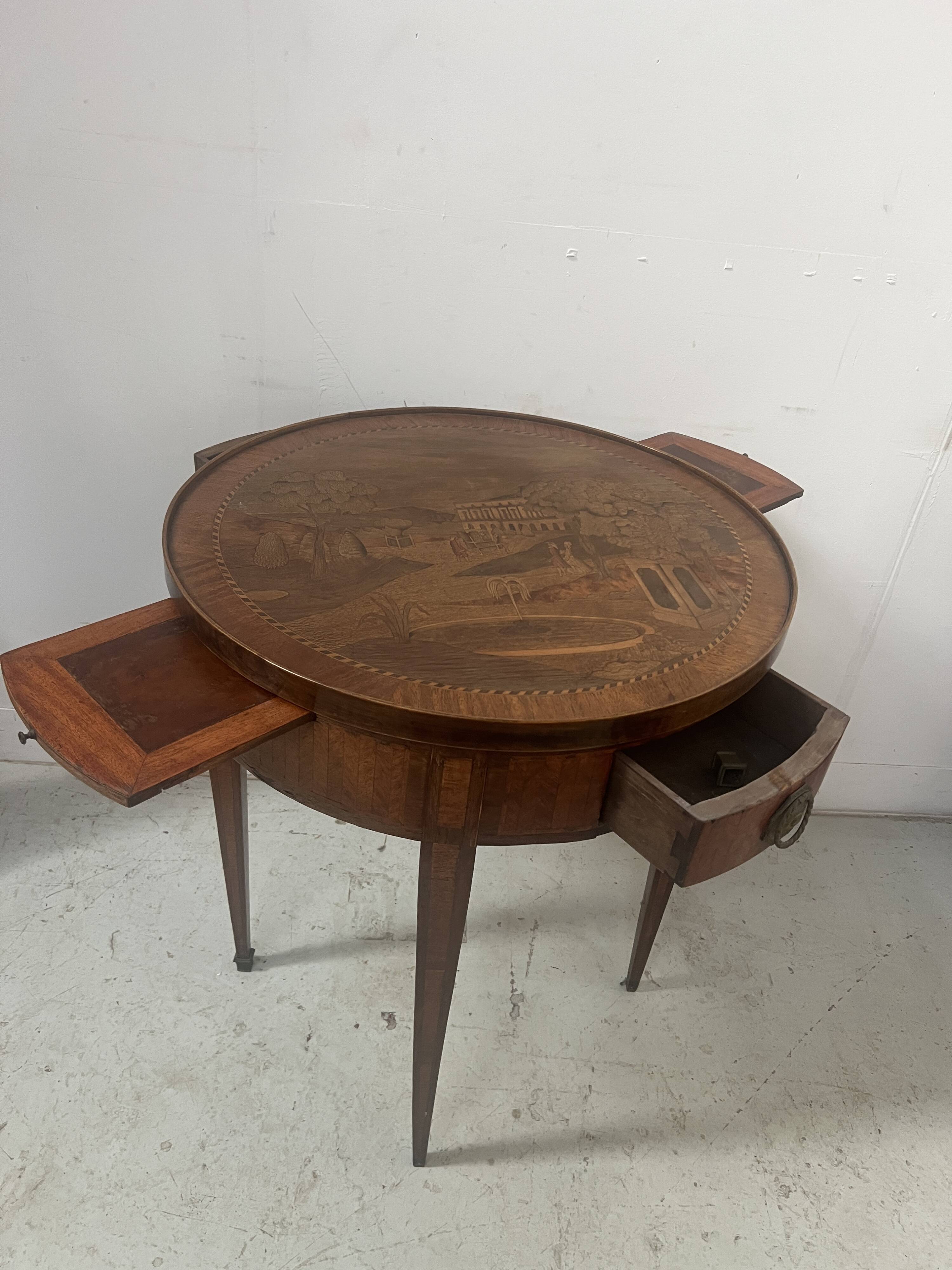 Louis XVI style marquetry pedestal table with removable top, 20th century