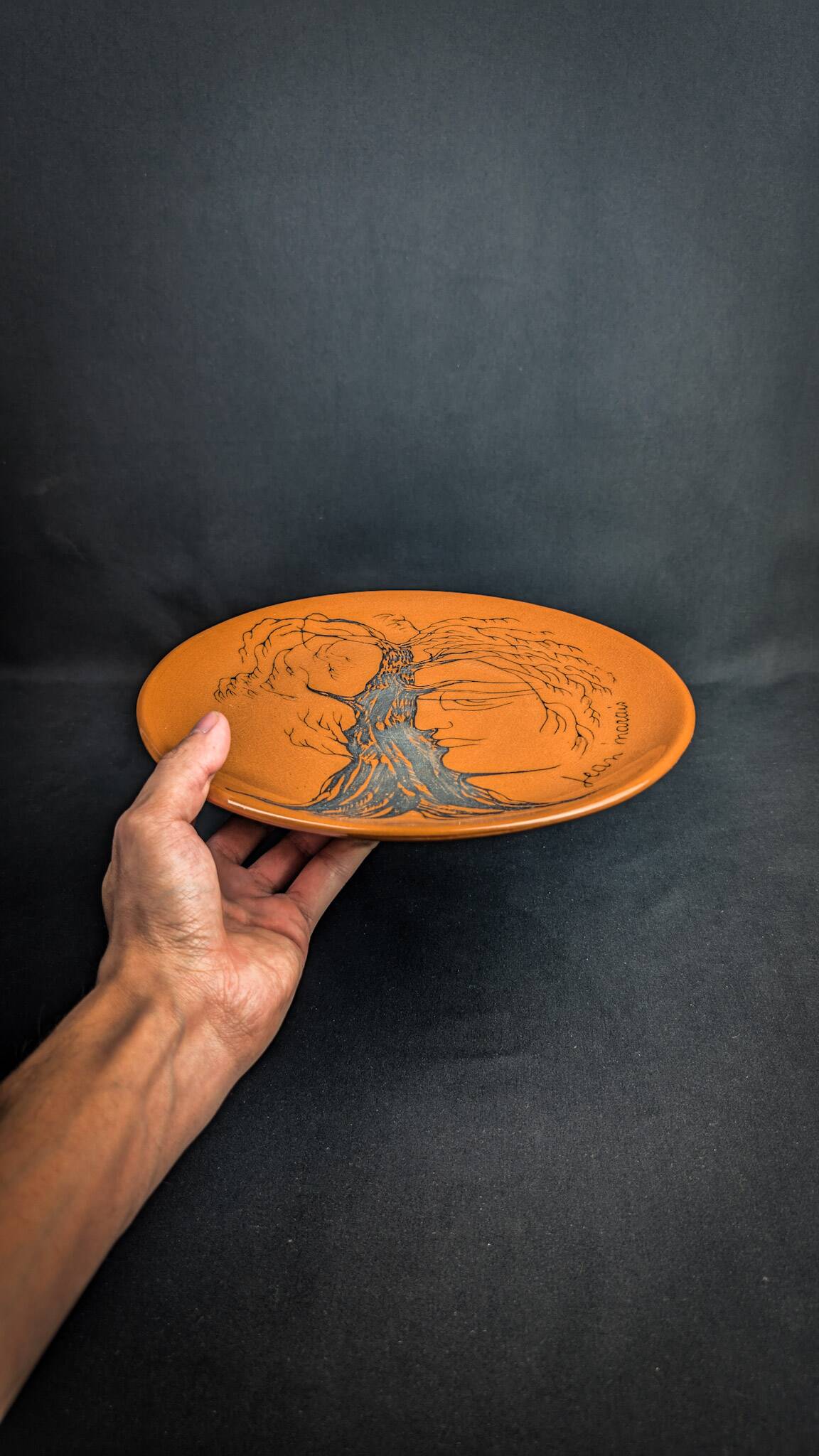 Glazed ceramic plate signed Jean Marais face & tree Vallauris