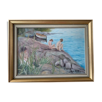 Original Vintage Swedish  Oil on Panel " Nude Women" by Arne Olsson ( 1918-2004) -  Vintage & Framed