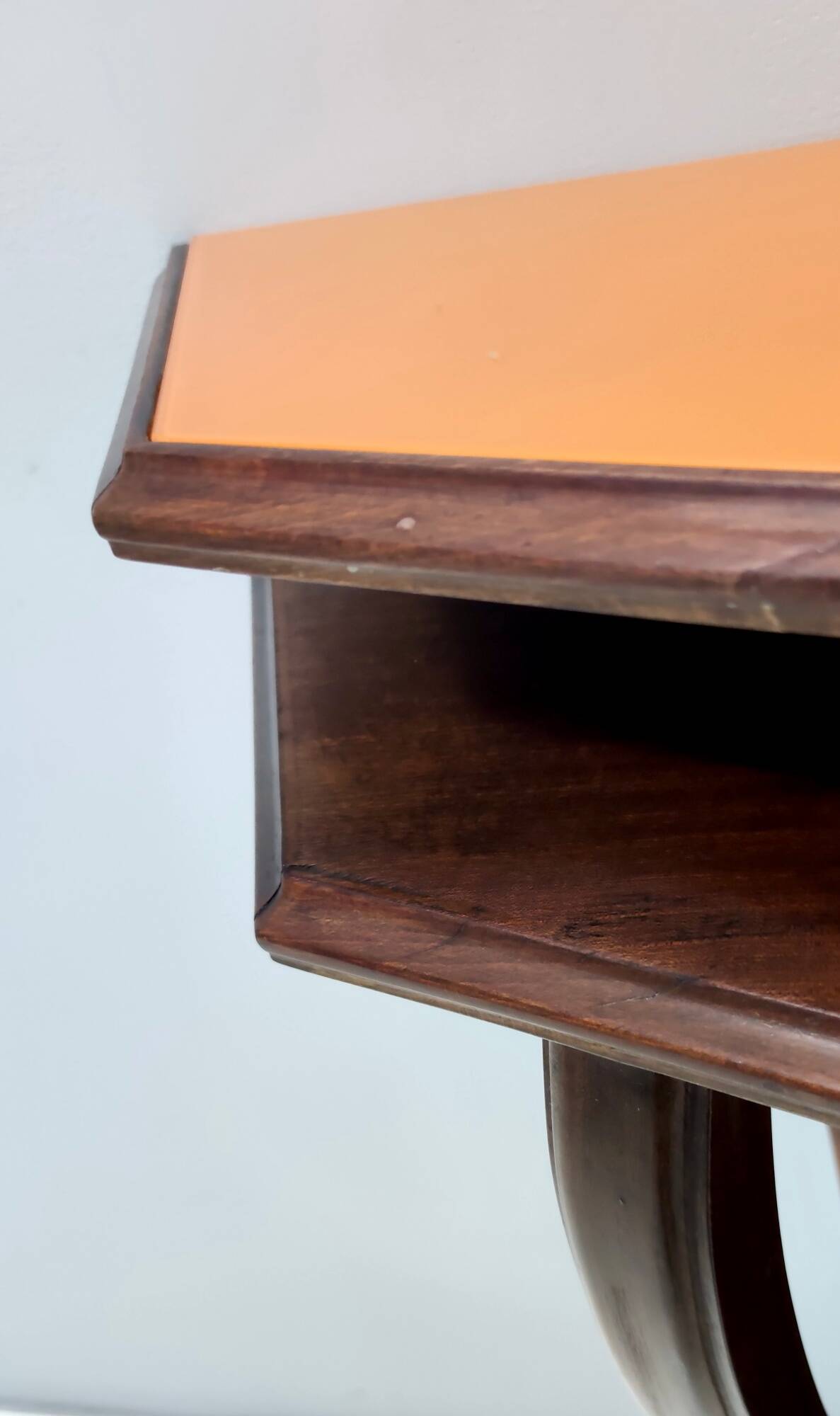 Beech and Walnut Root Console Table with an Orange Glass Top, Italy