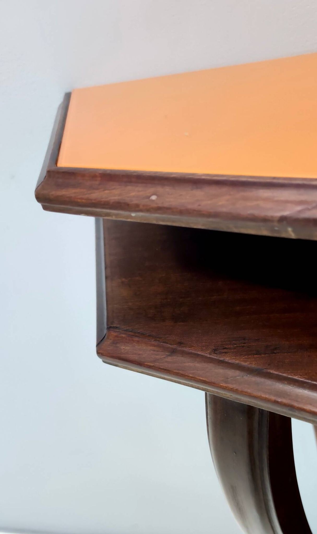Beech and Walnut Root Console Table with an Orange Glass Top, Italy