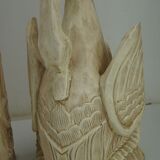 Two wall lamps in carved and lacquered cream wood, representing swans