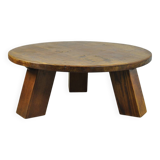BRUTALIST / massive oak round coffee table / 1970s