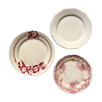 Set of 3 burgundy & cream plates