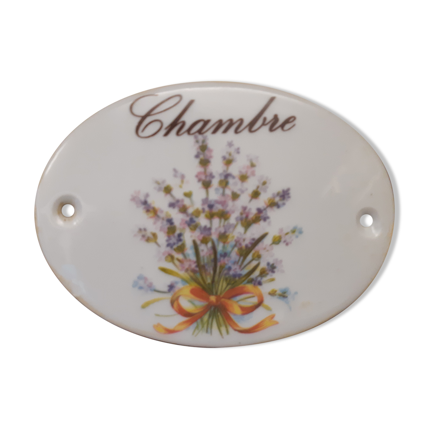 Porcelain plate for bedroom door, decorated with nature flowers and ribbon