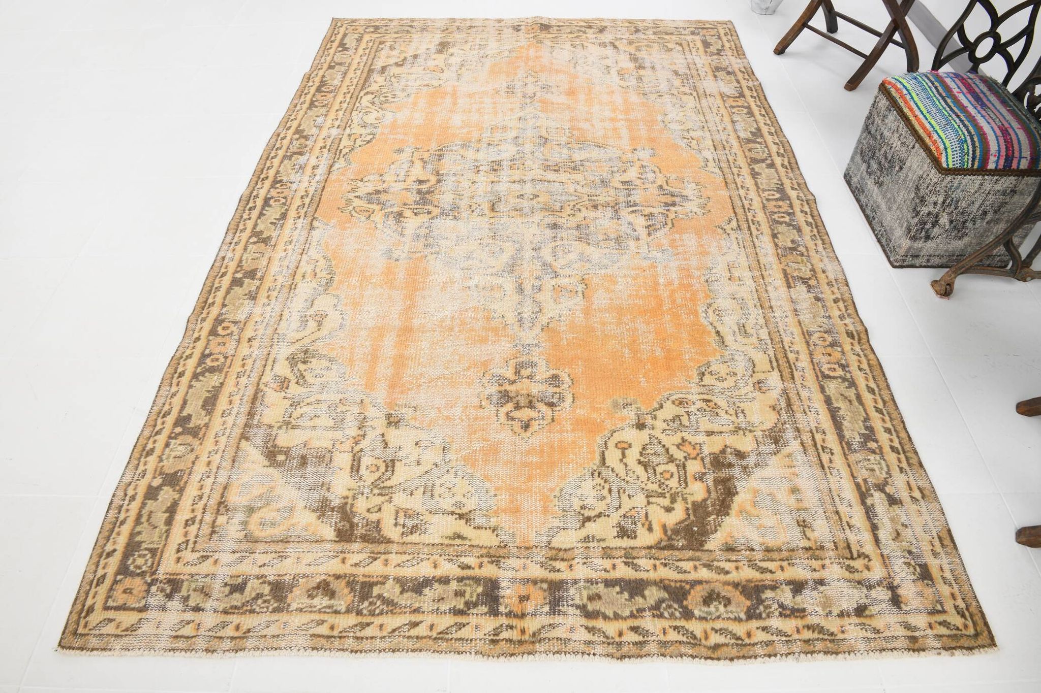 6x9 Peach Yellow Soft Pastel Turkish Vintage Rug, 185x276Cm SK 5250