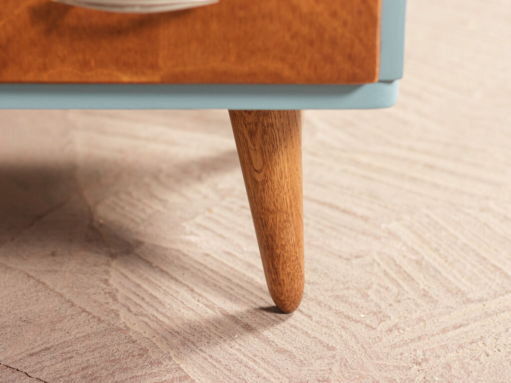 Pair of vintage bedside tables completely redesigned in blueberry on compass feet in solid oak tinted teak