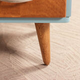 Pair of vintage bedside tables completely redesigned in blueberry on compass feet in solid oak tinted teak