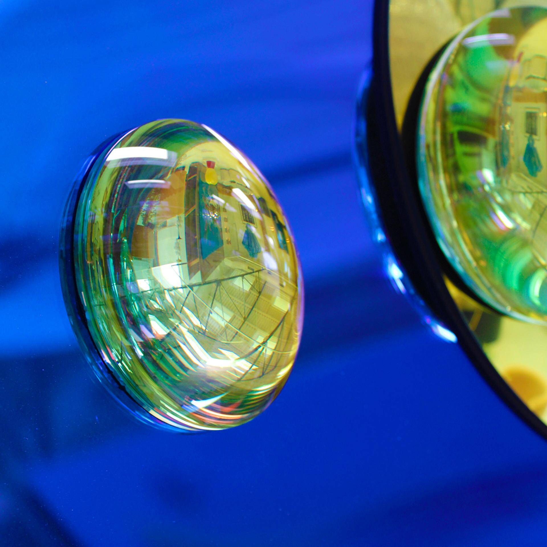 Modern Sculptural Concave French Mirror - Handmade Wall Art in Blue Glass