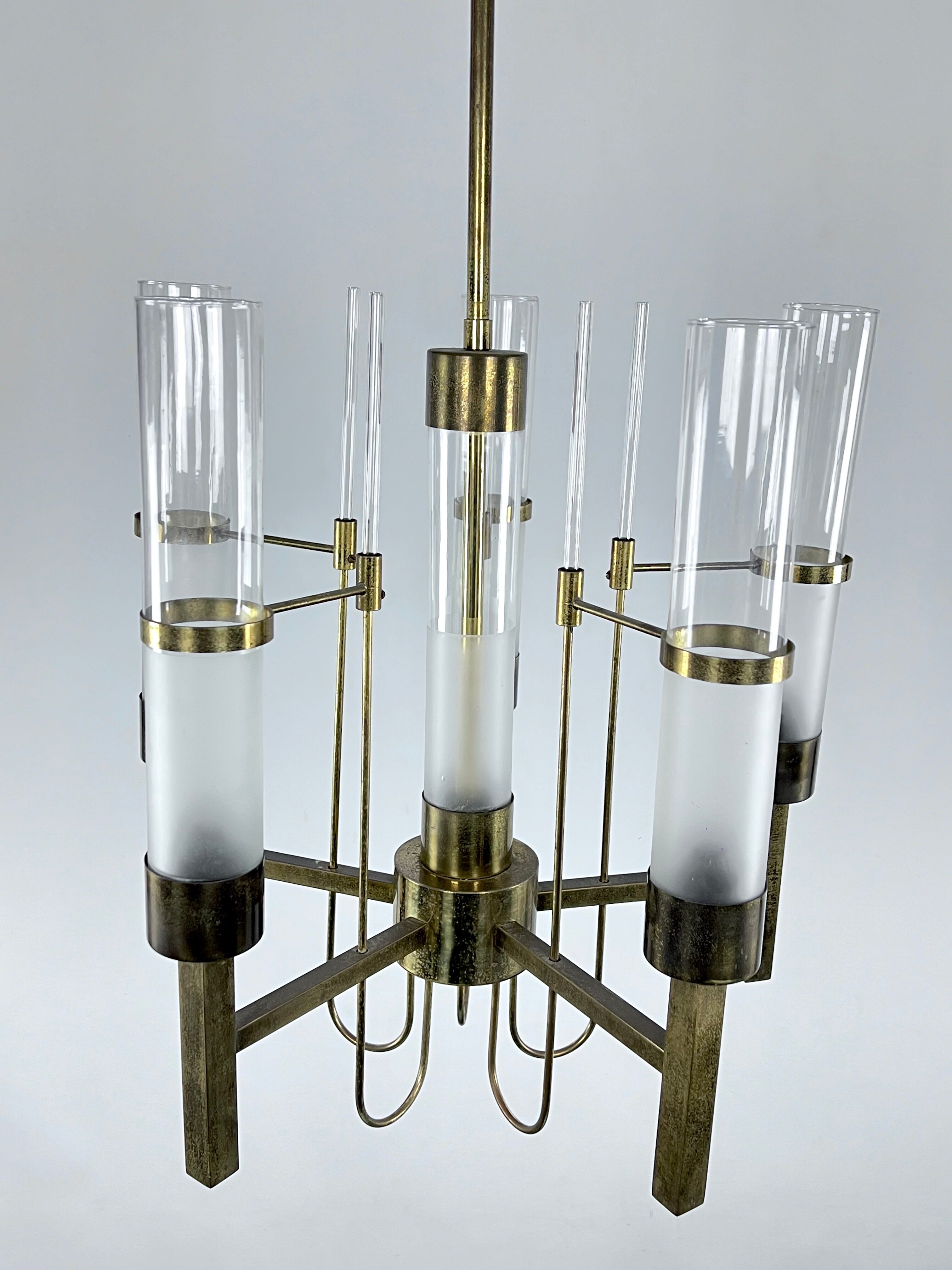 Sciolari, five arms brass and glass tube chandelier. Italy 1960s