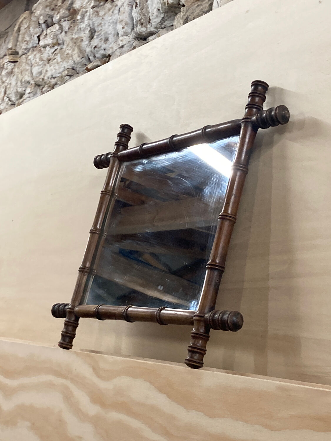 Mirror 45x51cm rectangular wood imitation bamboo 1960
