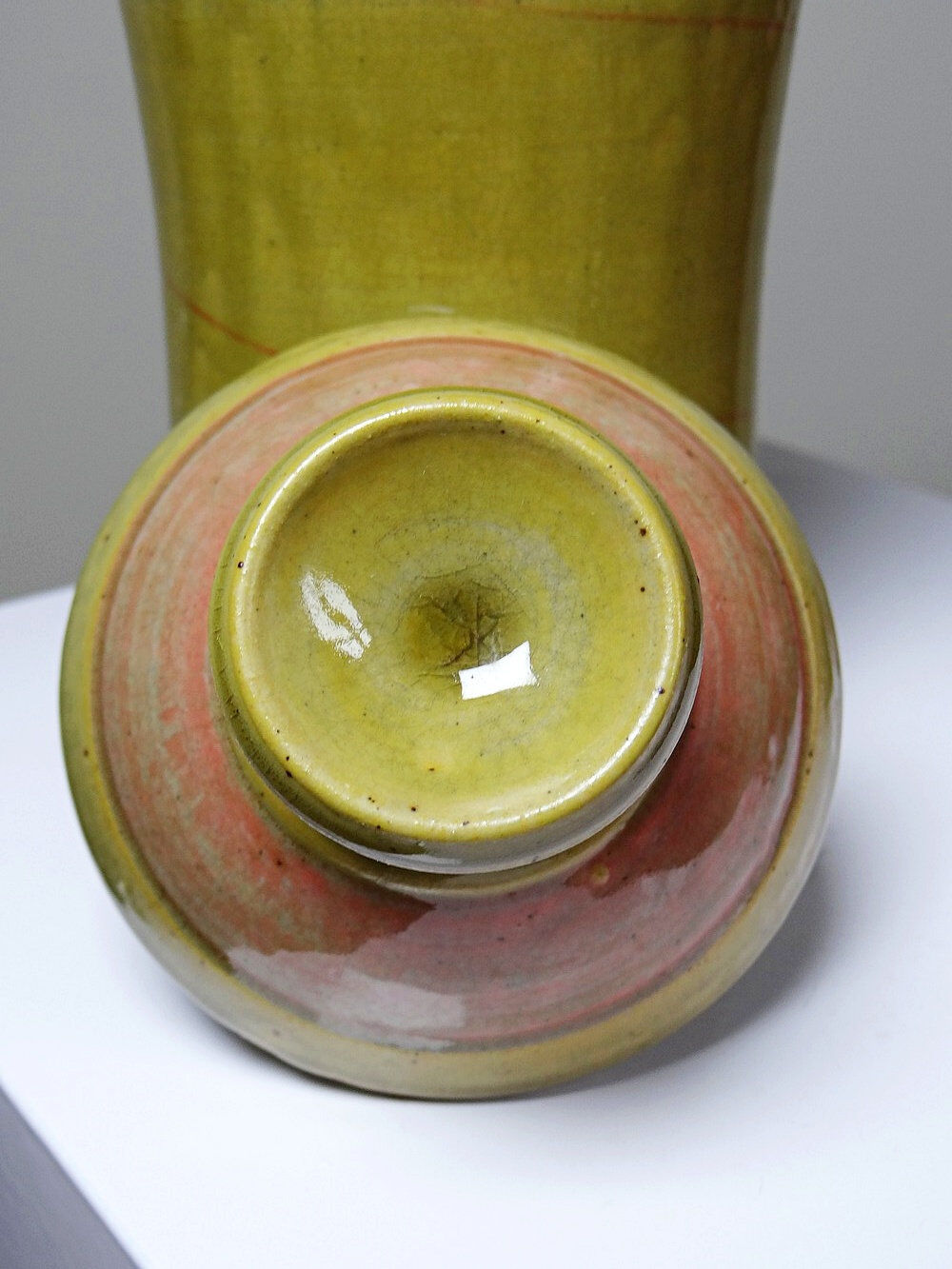 Decorative pot vintage two-tone glazed stoneware spice box handmade signed