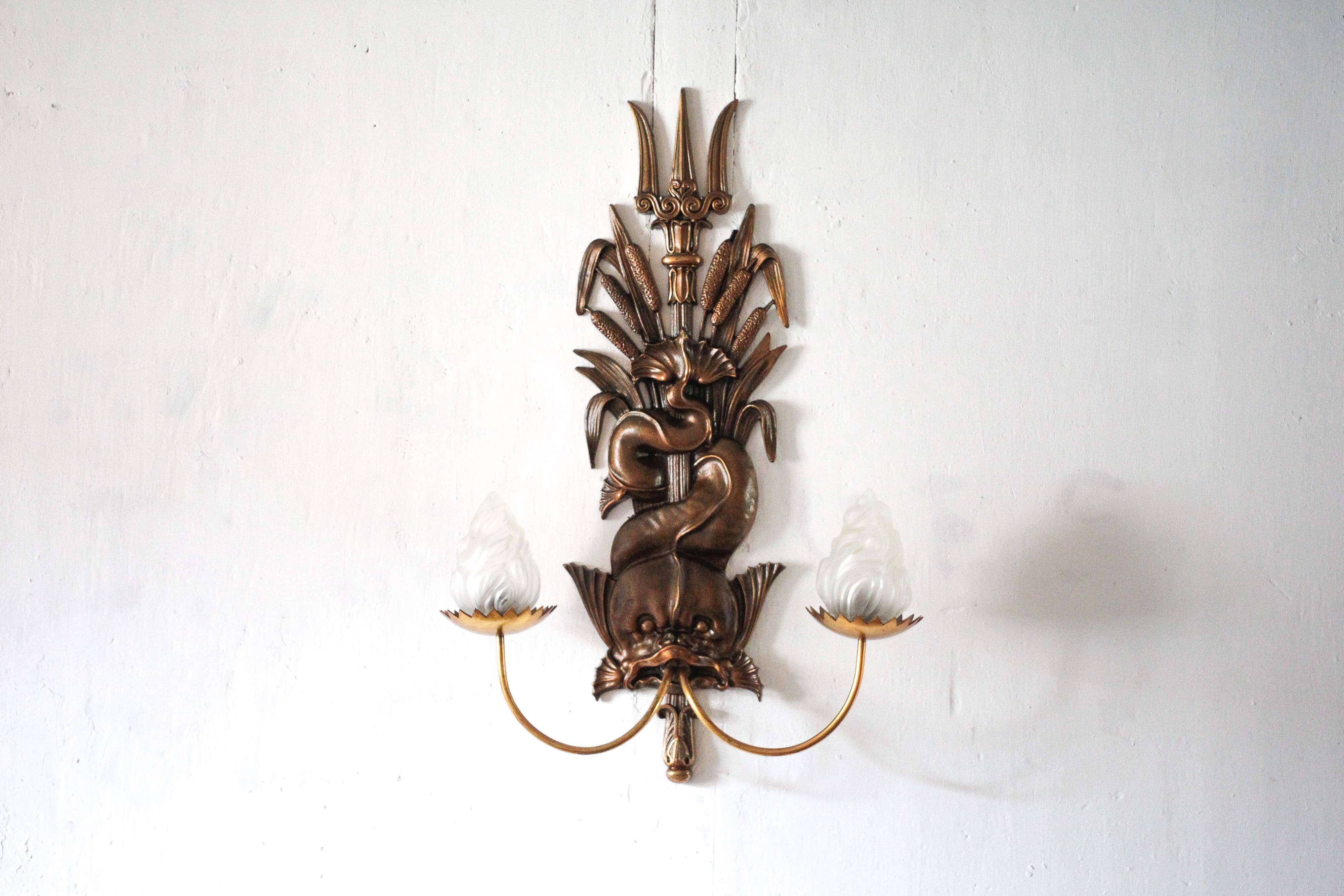 Large bronze wall light with 2 lights, dolphin wall light with reeds