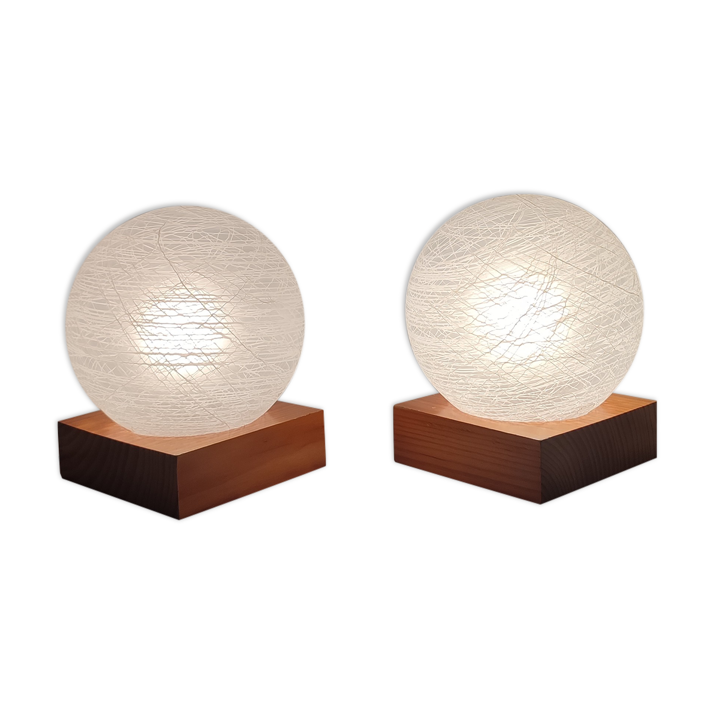 Pair of wooden and glass table lamps. Italy, 1970s.