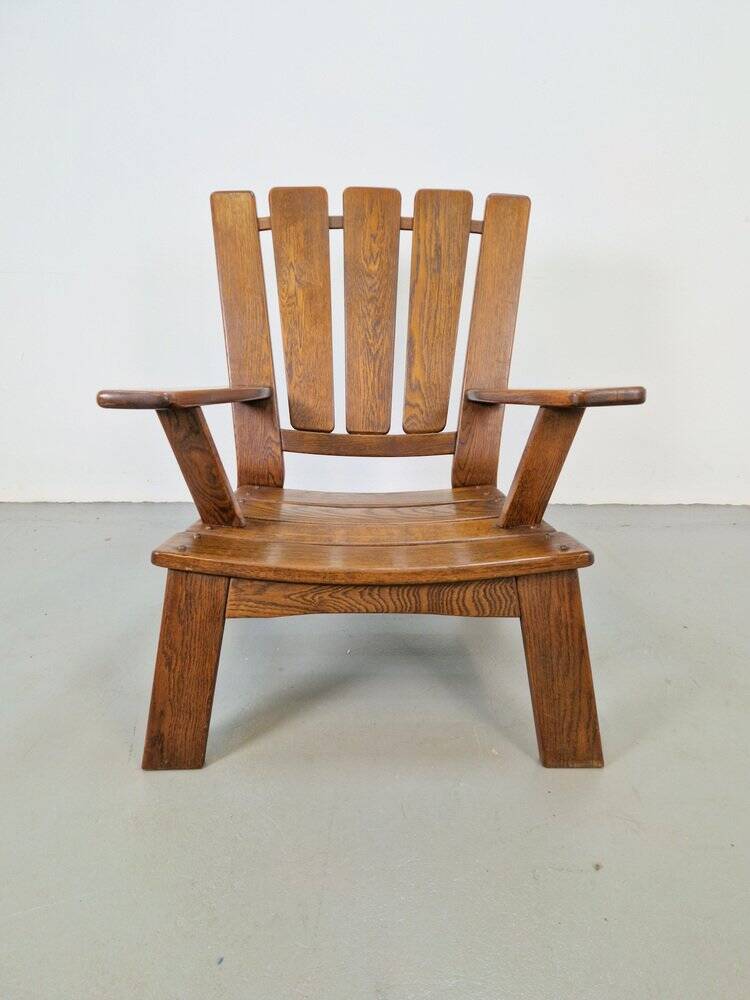 Fauteuil en bois brutaliste avec revêtement en cuir marron, Allemagne, années 1960.