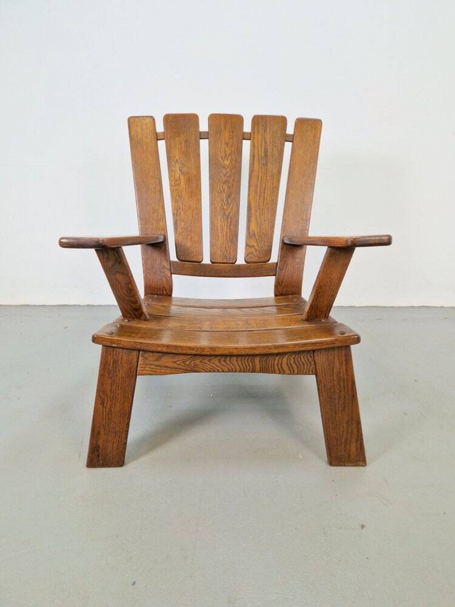 Brutalist Wood Armchair with Brown Leather Upholstery, Germany, 1960s