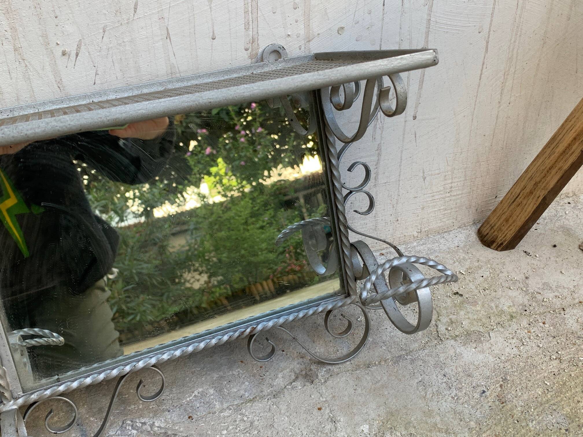Wall coat rack, wrought iron hook with vintage mirror.