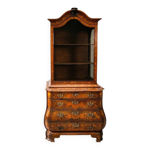 Petite armoire vitrine néerlandaise ancienne en marqueterie florale