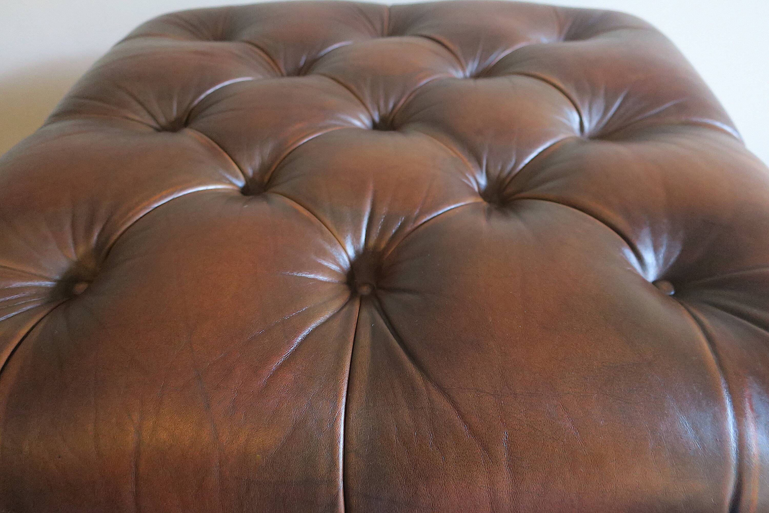 Chesterfield brown tufted leather pouffe ottoman