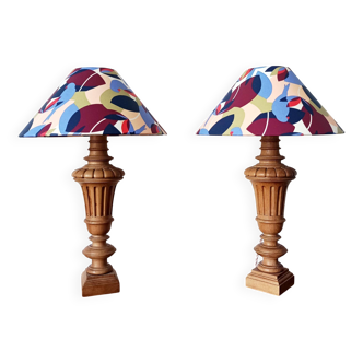 Pair of Medici turned wood lamps with custom-made lampshades