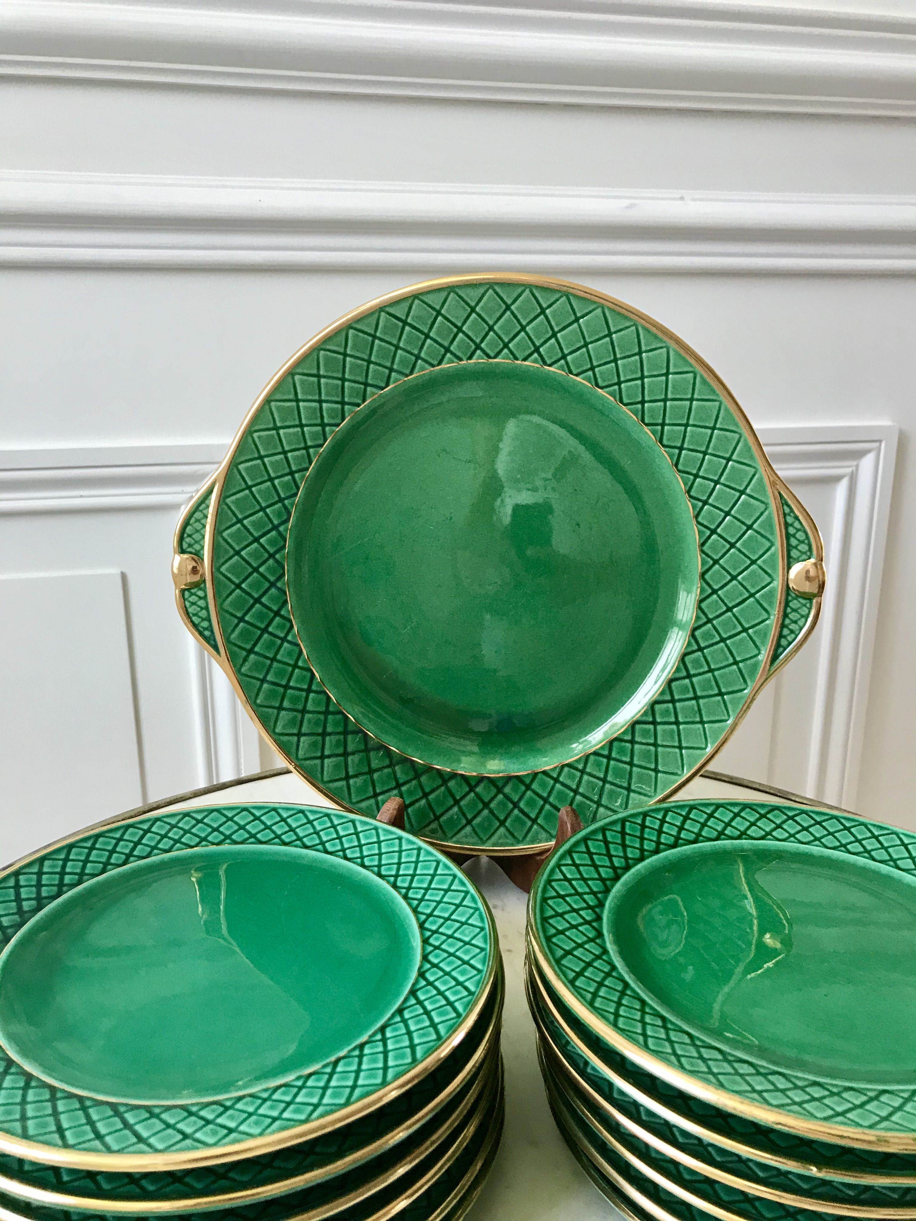 dessert service 12 dessert plates and a green and golden Art Deco cake dish 40s
