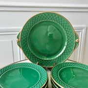 dessert service 12 dessert plates and a green and golden Art Deco cake dish 40s